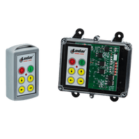 A 4 Function Standard Wireless Control System from the Lodar LTD 92 Series, featuring an FET Keypad Receiver with an IP 66 rating, rests beside an open electronic control unit, showcasing the intricate circuitry and buttons of the sophisticated design.