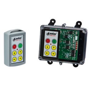 A 4 Function Standard Wireless Control System from the Lodar LTD 92 Series, featuring an FET Keypad Receiver with an IP 66 rating, rests beside an open electronic control unit, showcasing the intricate circuitry and buttons of the sophisticated design.
