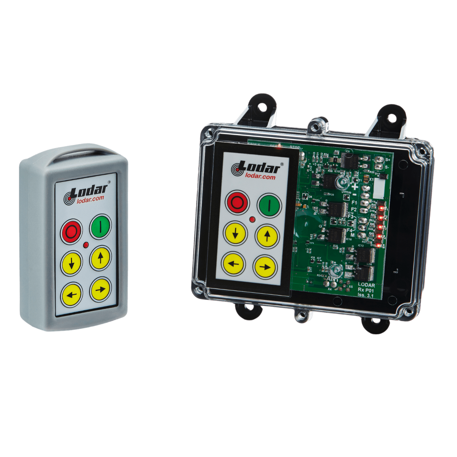 A 4 Function Standard Wireless Control System from the Lodar LTD 92 Series, featuring an FET Keypad Receiver with an IP 66 rating, rests beside an open electronic control unit, showcasing the intricate circuitry and buttons of the sophisticated design.