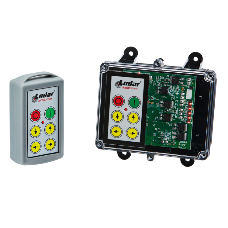 A 4 Function Standard Wireless Control System from the Lodar LTD 92 Series, featuring an FET Keypad Receiver with an IP 66 rating, rests beside an open electronic control unit, showcasing the intricate circuitry and buttons of the sophisticated design.