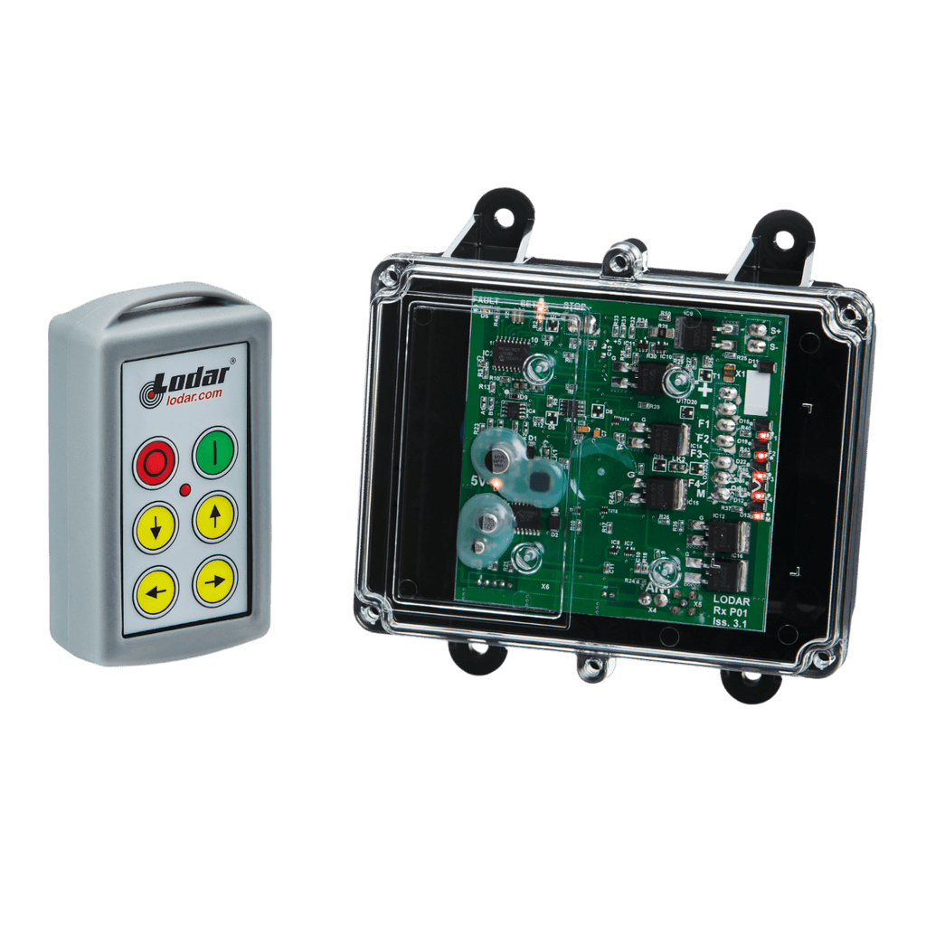 The clear casing of the 4 Function Standard Wireless Control System by Lodar LTD exposes the remote control and electronic circuit board, highlighting the buttons and internal components of their 92 Series FET Receiver, which is crafted for effortless remote operation.