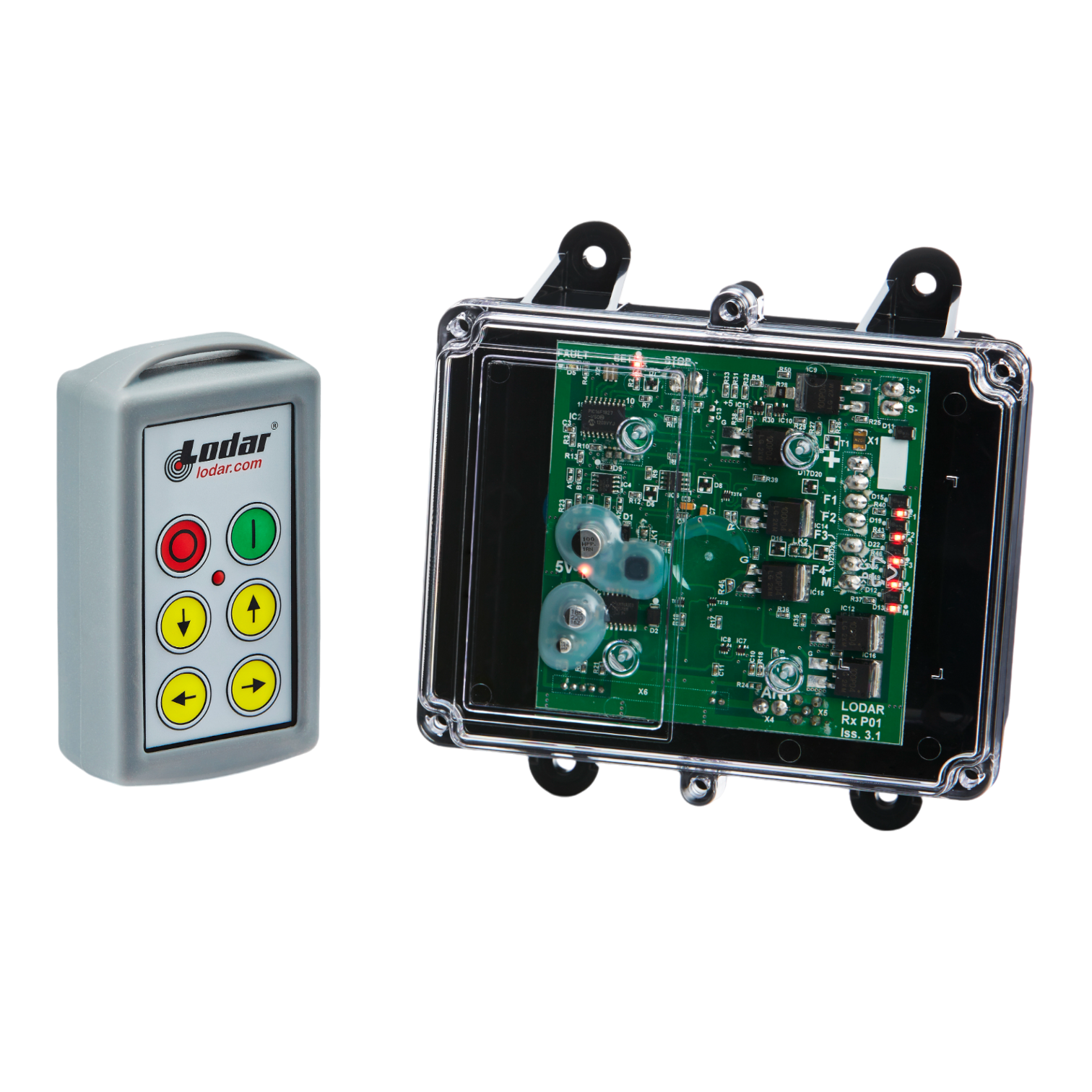 The clear casing of the 4 Function Standard Wireless Control System by Lodar LTD exposes the remote control and electronic circuit board, highlighting the buttons and internal components of their 92 Series FET Receiver, which is crafted for effortless remote operation.