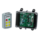 The clear casing of the 4 Function Standard Wireless Control System by Lodar LTD exposes the remote control and electronic circuit board, highlighting the buttons and internal components of their 92 Series FET Receiver, which is crafted for effortless remote operation.