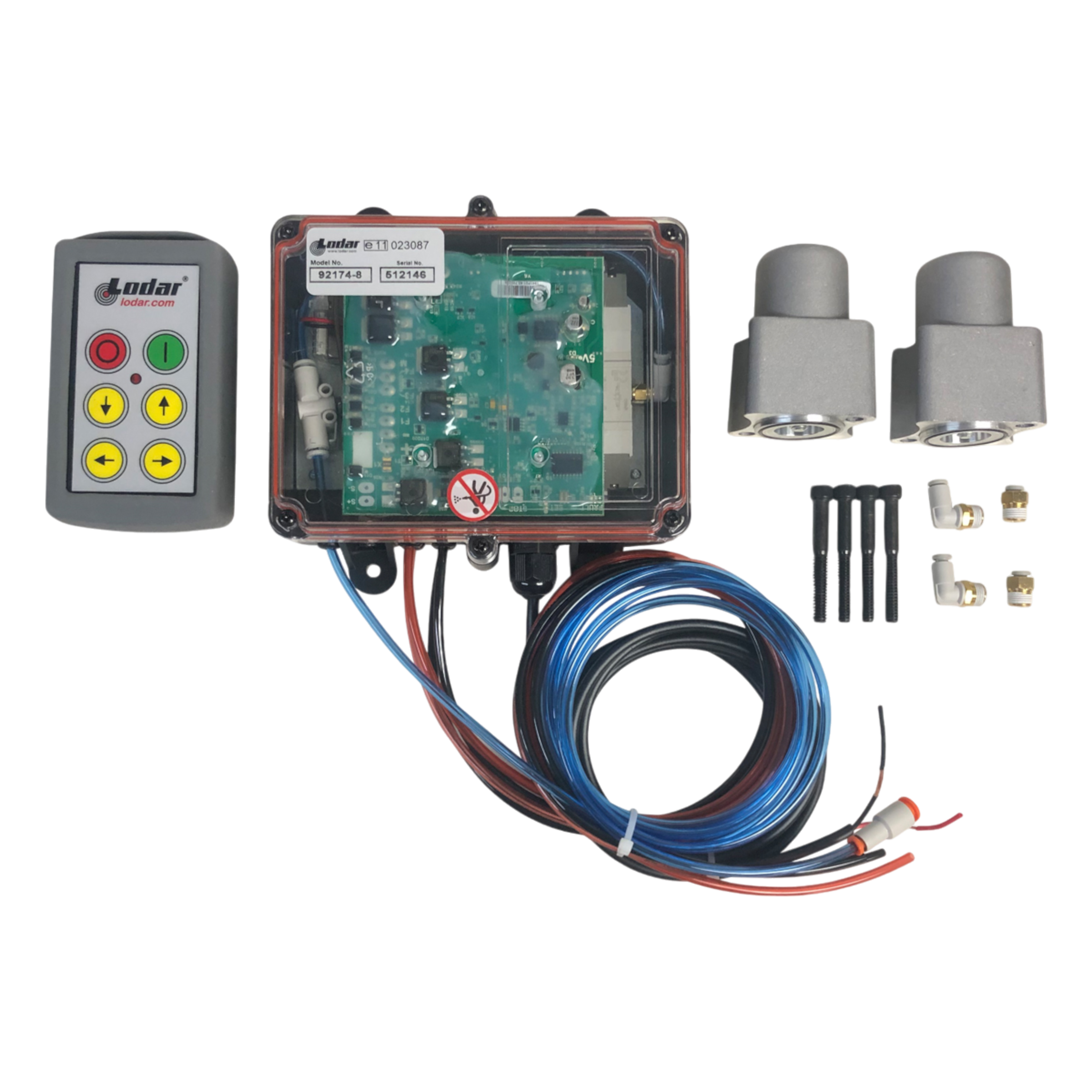 The PIERCE 4 Function Wireless Air System with Bolt on Actuator | Gresen includes a circuit board, wiring, sensors, and a handheld remote featuring colored buttons. It is specifically designed for seamless compatibility with newer model wreckers and offers enhanced functionality through its wireless air system.