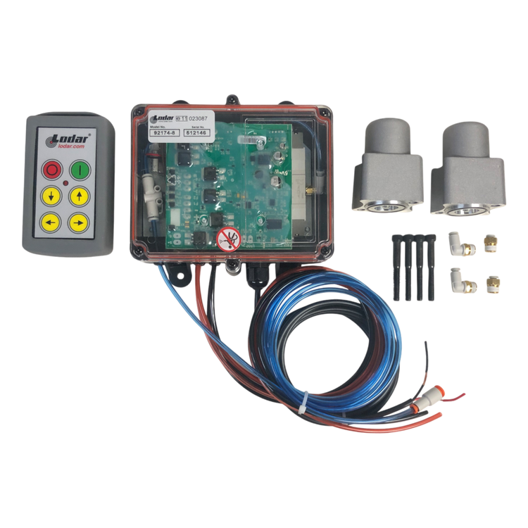 The PIERCE 4 Function Wireless Air System with Bolt on Actuator | Gresen includes a circuit board, wiring, sensors, and a handheld remote featuring colored buttons. It is specifically designed for seamless compatibility with newer model wreckers and offers enhanced functionality through its wireless air system.