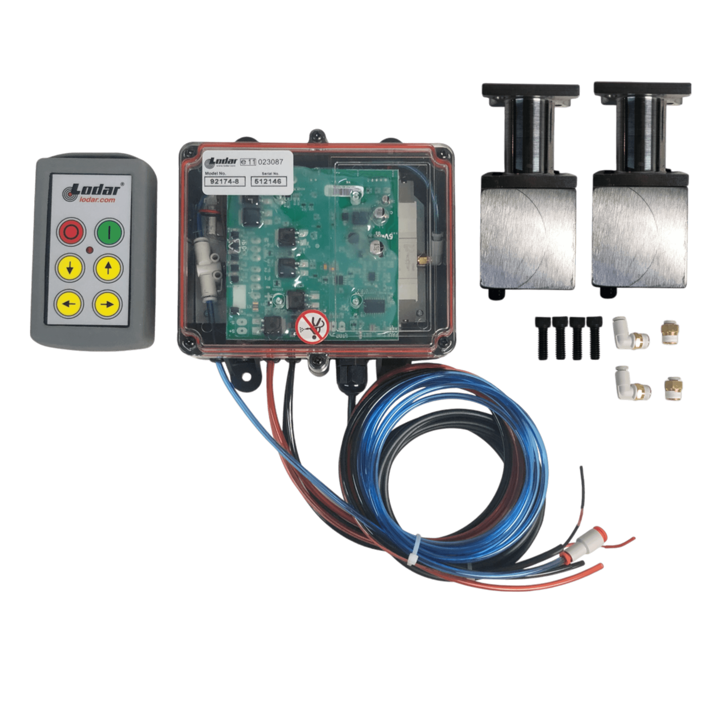 PIERCE 4 Function Direct Mount Wireless Air System for Jerr-Dan (Husco Valves) includes control box, wiring, remote, two metal actuators, screws, and connectors—ideal for wireless Husco valve setups. All items displayed on a white background.