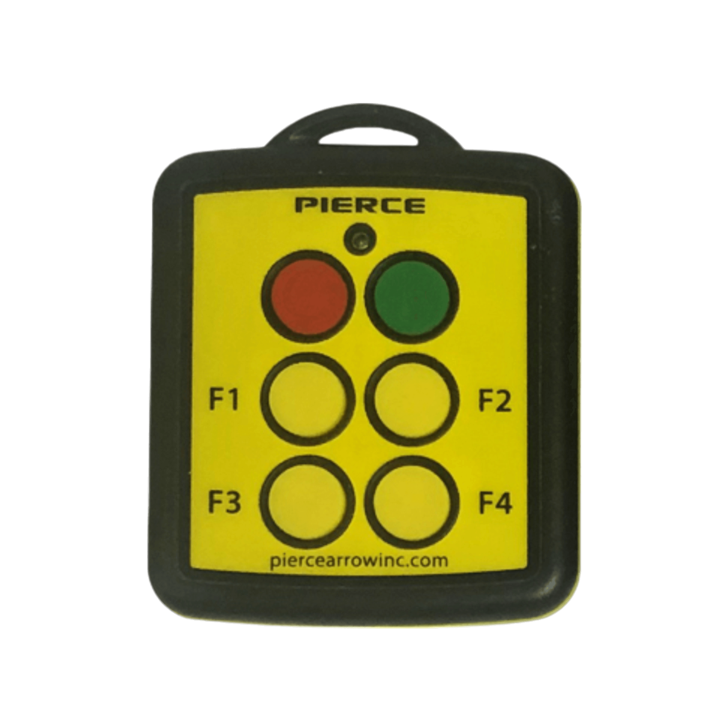 Yellow 4 Function Wireless Remote Transmitter by PIERCE features six buttons: F1 to F4, plus two larger red and green buttons.
