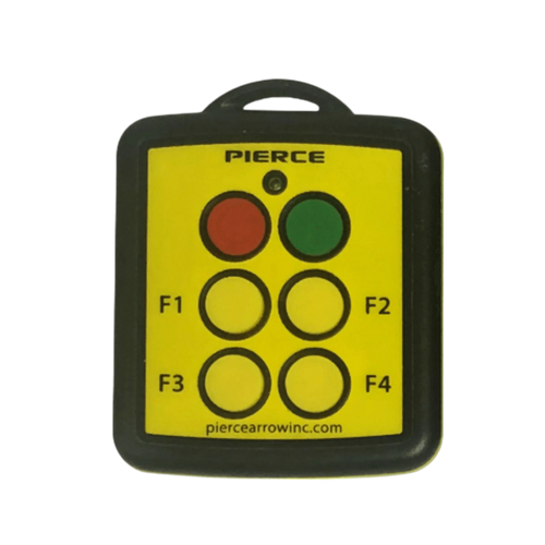 Yellow 4 Function Wireless Remote Transmitter by PIERCE features six buttons: F1 to F4, plus two larger red and green buttons.