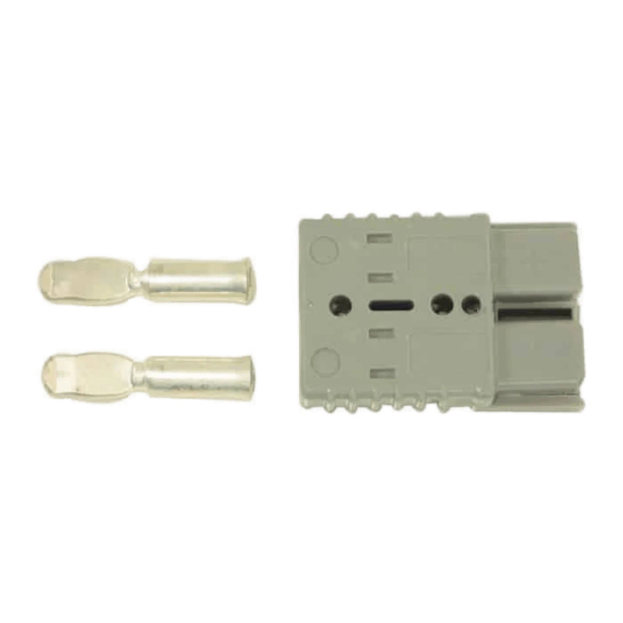 The PIERCE 4 Gauge Wire Connector is shown in gray with two metal terminals beside it on a white background, perfect as a quick connect for 4 gauge wire.