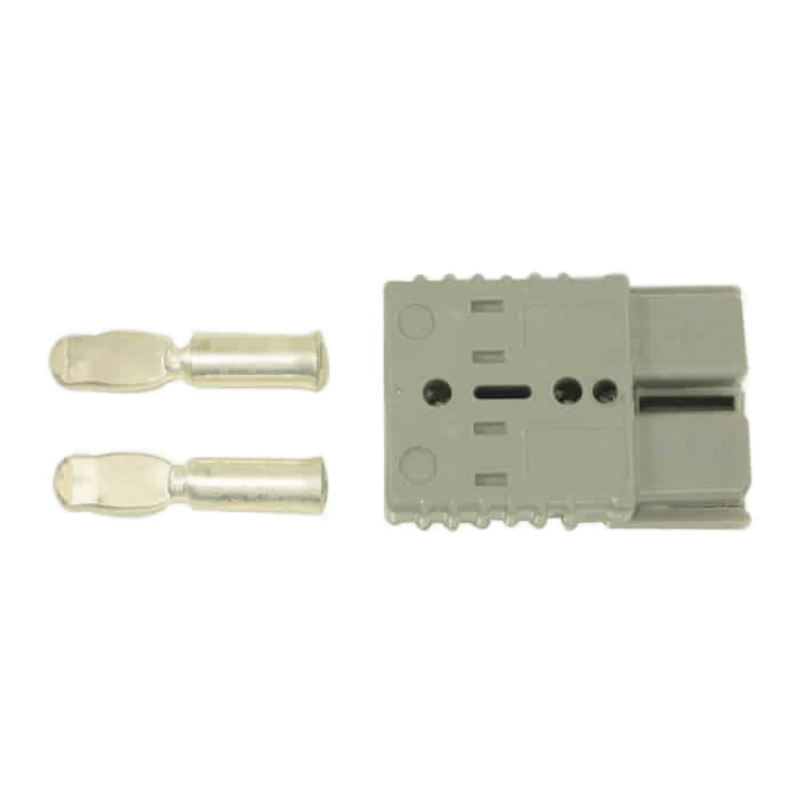 The PIERCE 4 Gauge Wire Connector is shown in gray with two metal terminals beside it on a white background, perfect as a quick connect for 4 gauge wire.