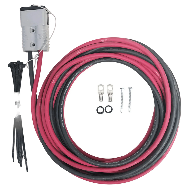 The 4 Gauge Wiring Harness by Internal - Pierce Assembly Team includes red and black coiled wires, connector, zip ties, screws, rings, and metal terminals—perfect for quick disconnect setups on a white background.