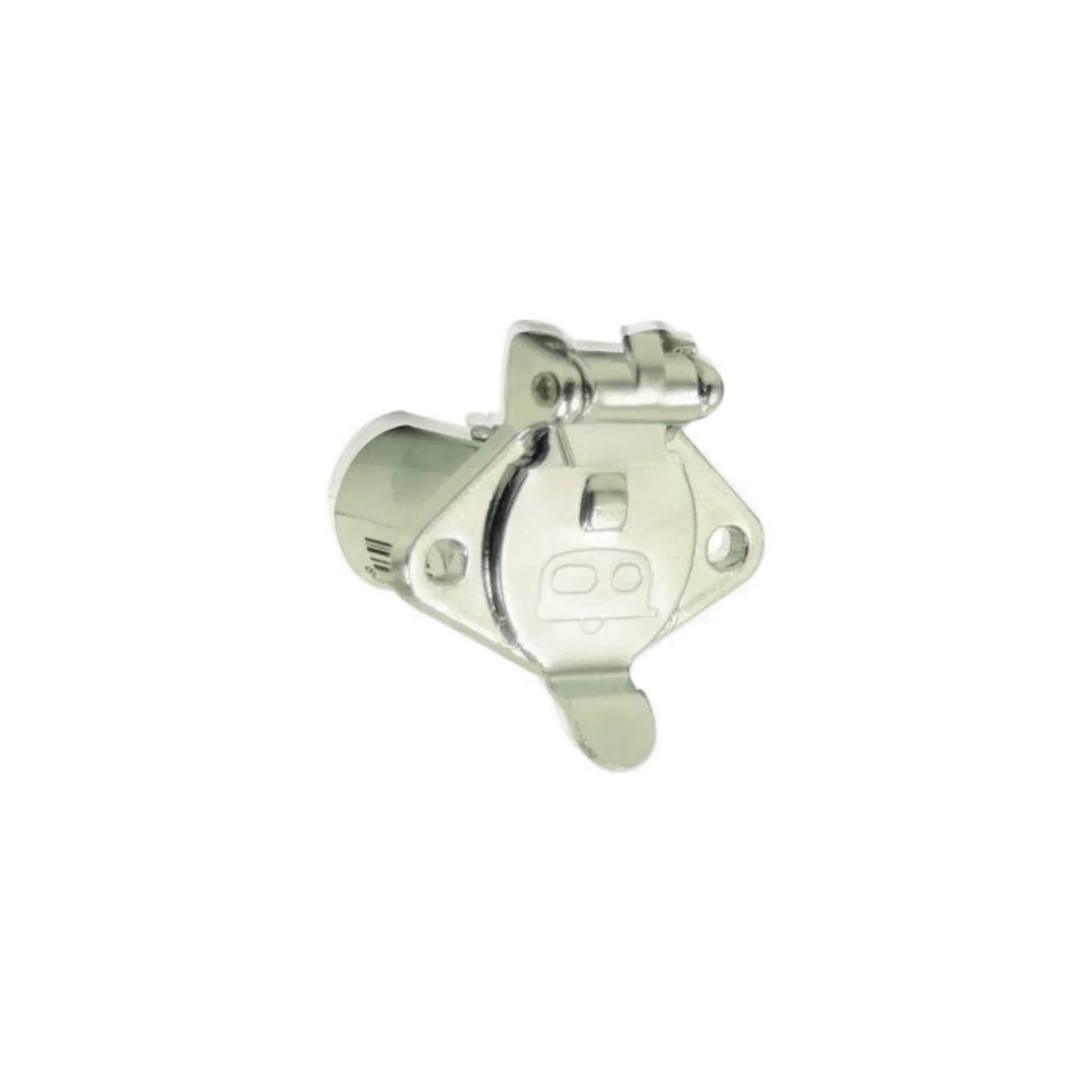 The 4 Prong Female Winch Plug by Standard Motor Products, Inc. is a metal trailer connector socket with a hinged cover, compatible as a replacement plug for PS654 series winches, shown isolated on a white background.