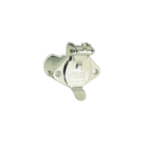 The 4 Prong Female Winch Plug by Standard Motor Products, Inc. is a metal trailer connector socket with a hinged cover, compatible as a replacement plug for PS654 series winches, shown isolated on a white background.