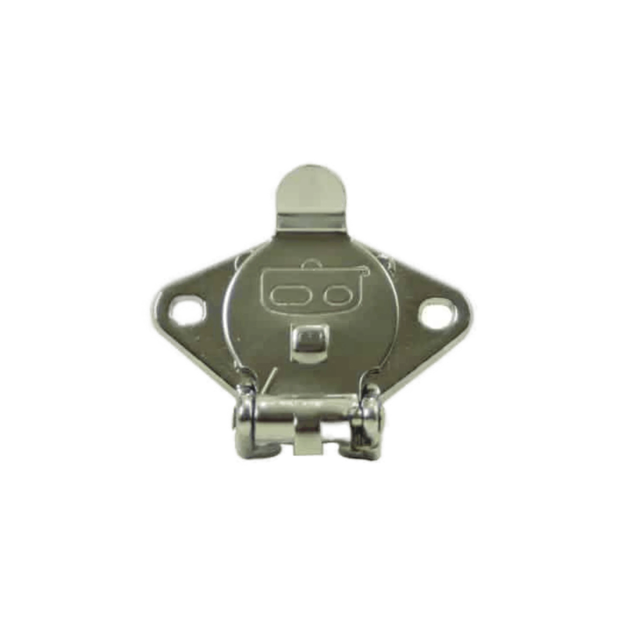 This PIERCE 4 Prong Female Winch Plug, from the PS654 series, has a metal latch with a circular base featuring two screw holes and a hinged clasp. Its ideal for securing or replacing female plugs in various applications.