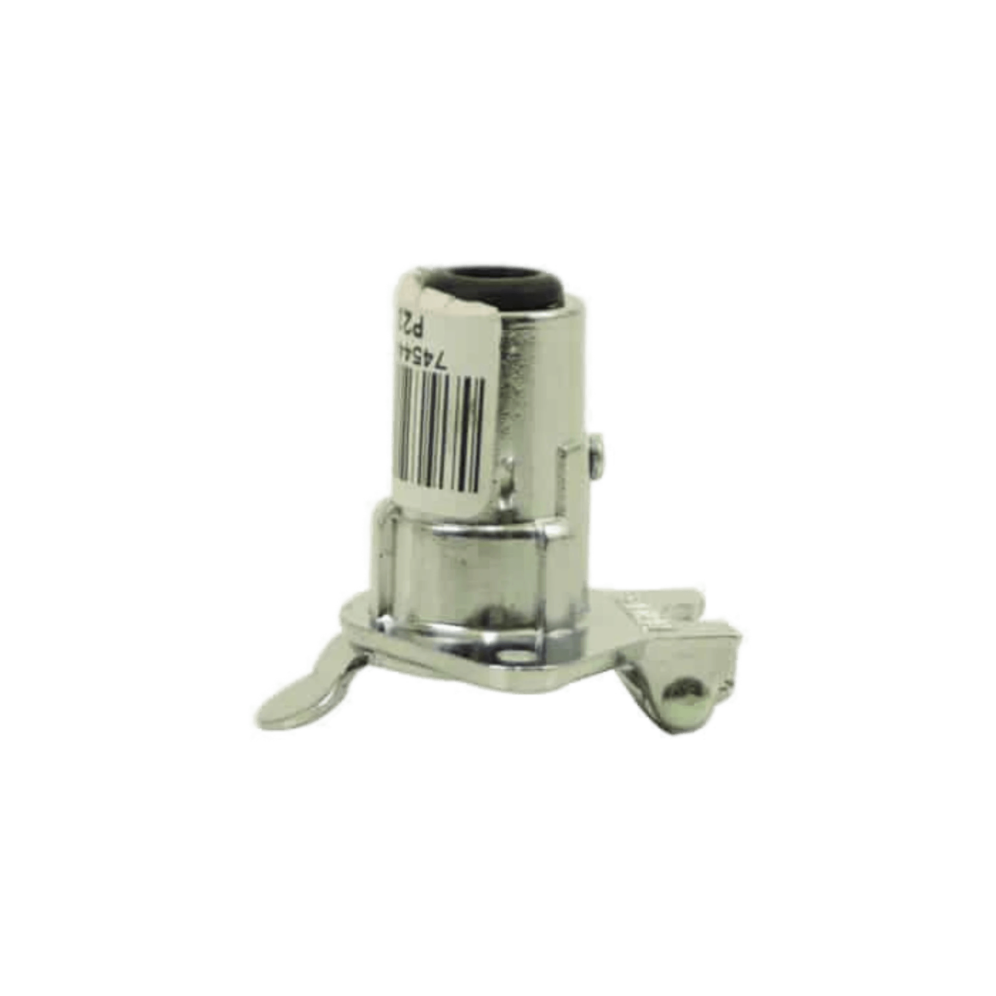 A close-up of a metal car lock cylinder with a barcode sticker mirrors the robust design of PIERCEs 4 Prong Female Winch Plug, akin to the precision seen in PS654 series winches.