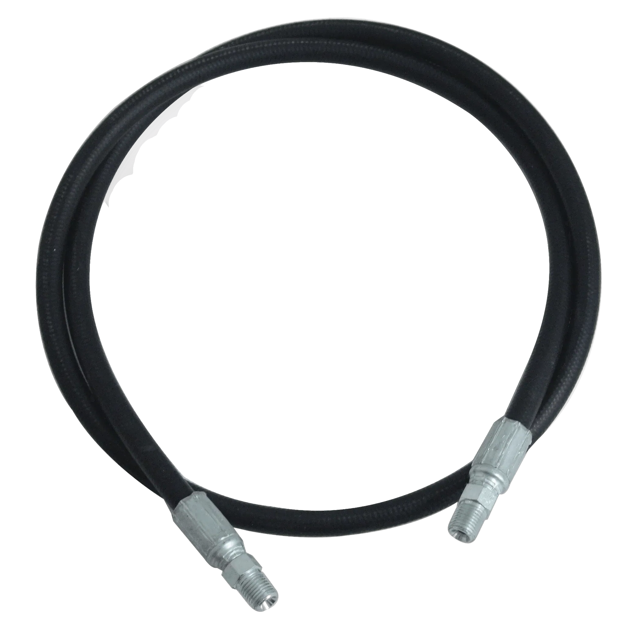 The Trausch Dynamics Dump Kits 5-foot hose features metal connectors on both ends and is coiled in a circular shape against a white background.