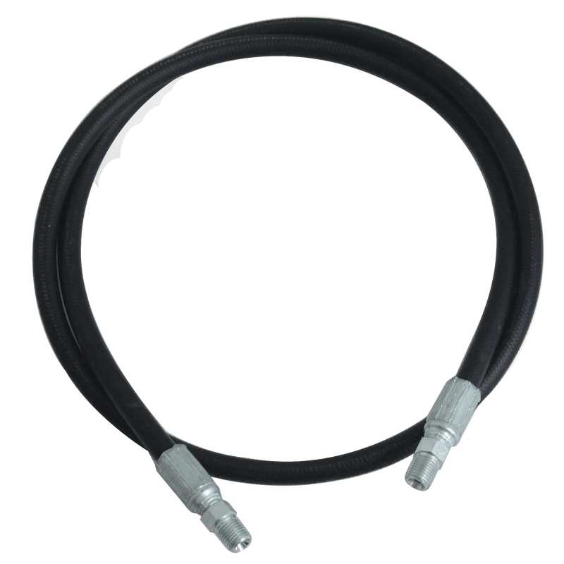 The Trausch Dynamics Dump Kits 5-foot hose features metal connectors on both ends and is coiled in a circular shape against a white background.