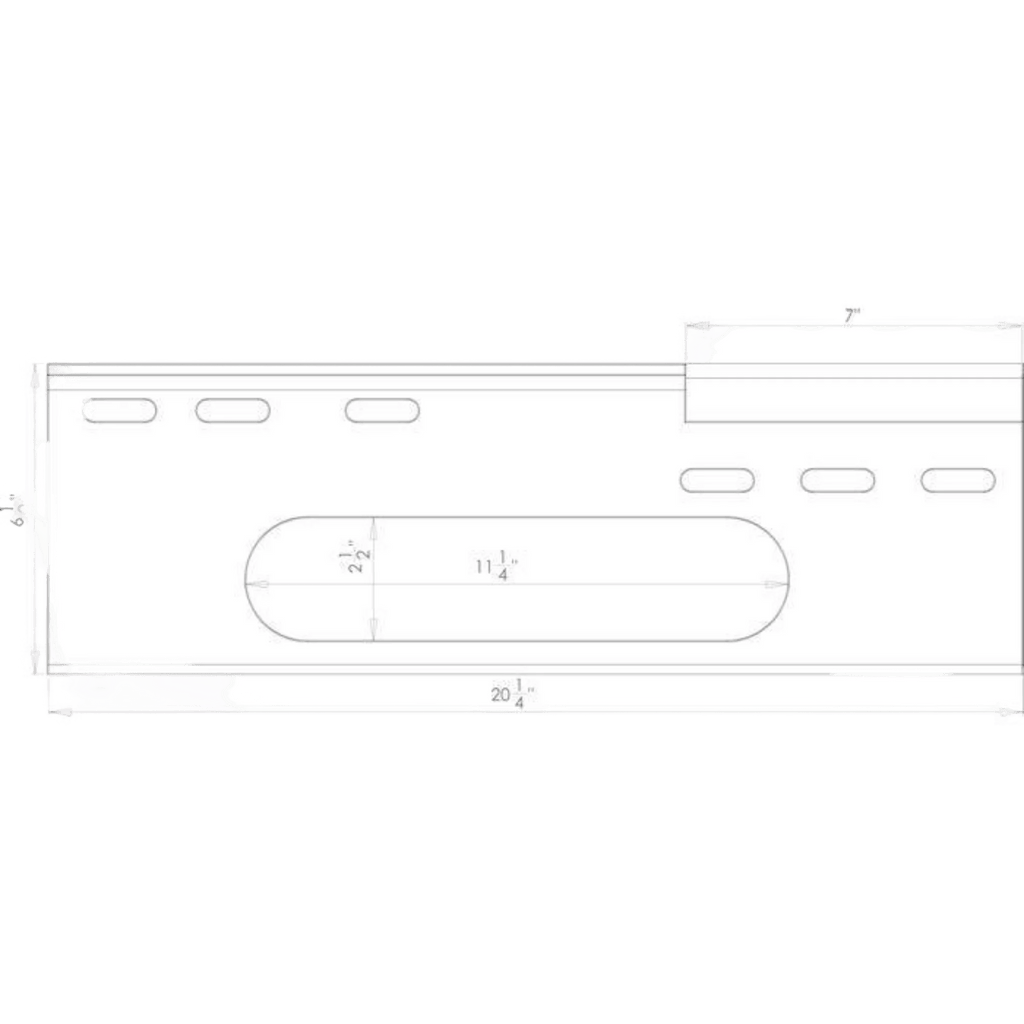 Technical drawing of the Standard Winch Mount 654 Series by Internal - Production Shop, depicting a rectangular plated steel plate with rounded slots and inch measurements.