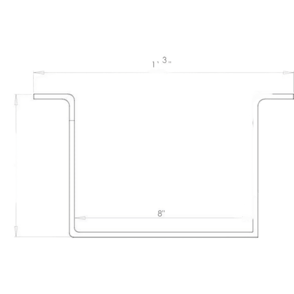 Technical drawing of the Standard Winch Mount 654 Series by Internal - Production Shop, featuring a U-shaped design with an 8" base and 1.3" top width, made from plated steel.