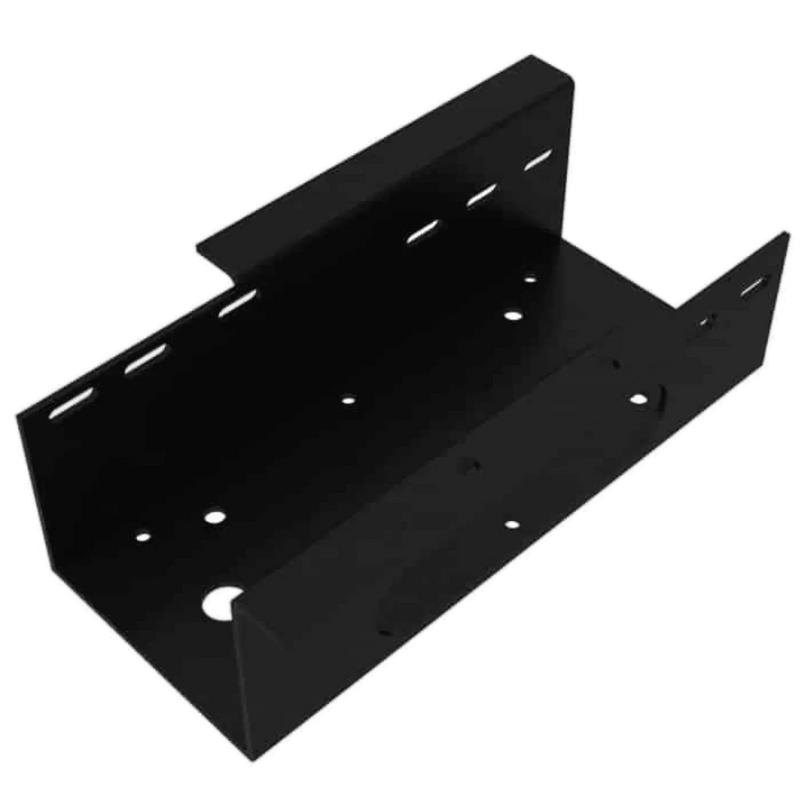 Internal - Production Shop Standard Winch Mount 654 Series in black plated steel, featuring multiple holes and slots, shown at an angle on a white background.