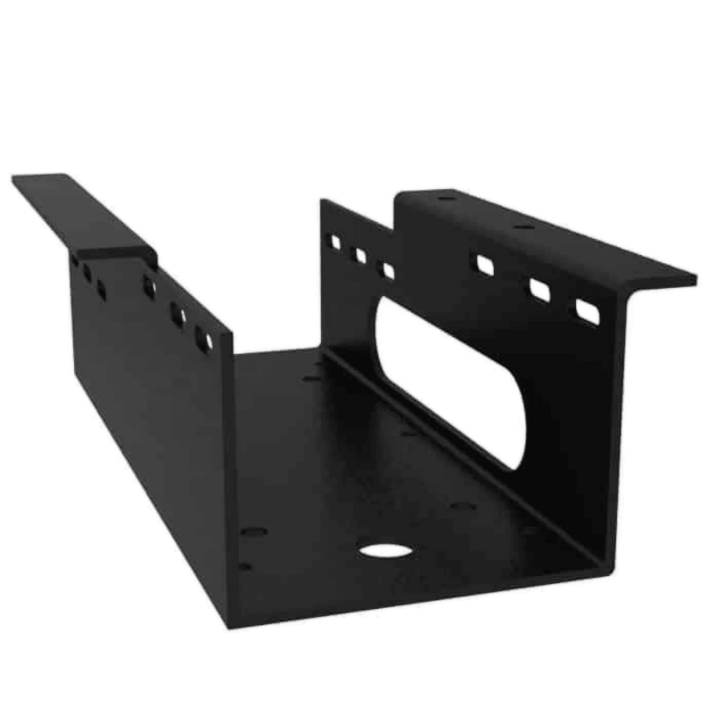 The Internal - Production Shop Standard Winch Mount 654 Series is a heavy-duty black plated steel bracket with multiple holes and a rectangular cutout, shown at an angle.