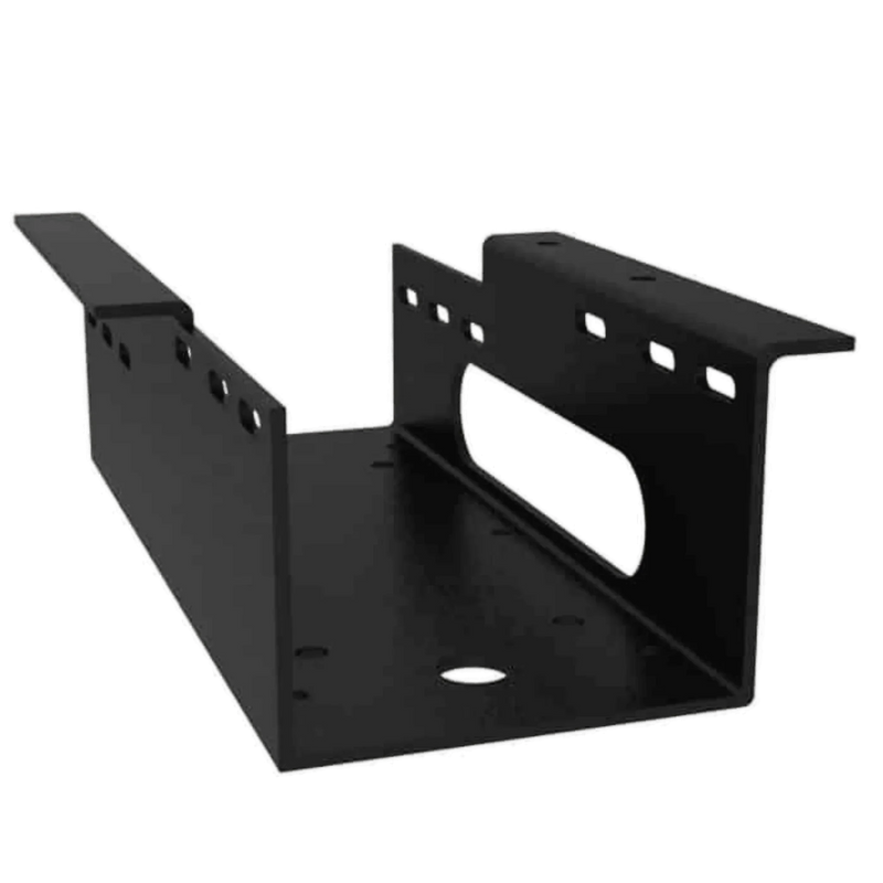 The Internal - Production Shop Standard Winch Mount 654 Series is a heavy-duty black plated steel bracket with multiple holes and a rectangular cutout, shown at an angle.