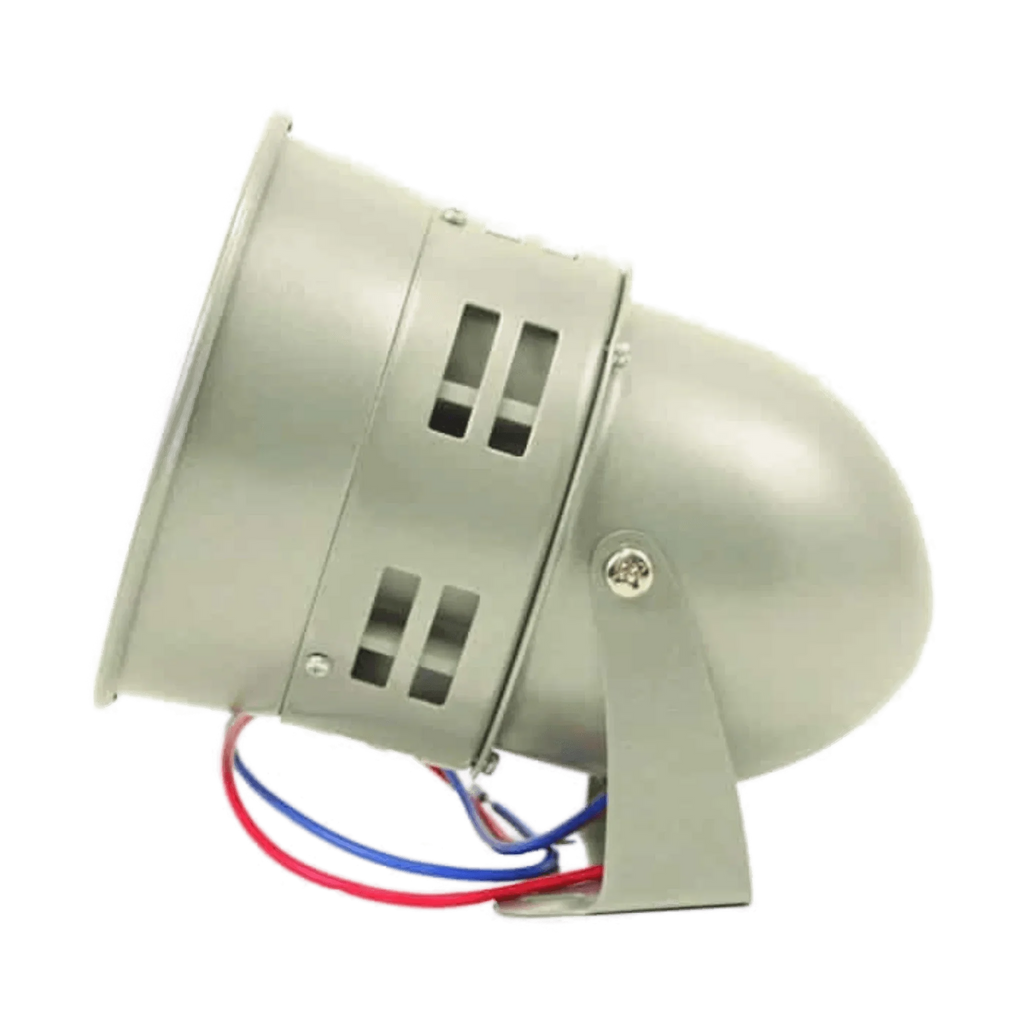 The PIERCE Standard Duty Cattle Siren is a gray metal unit with ventilation slots and red, blue, and black wires at the back, perfect for use as a pasture alarm or powered by a 12-volt battery.