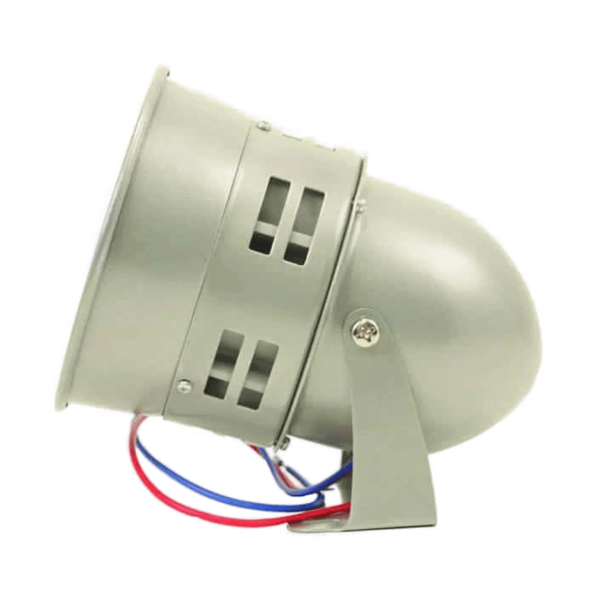 The PIERCE Standard Duty Cattle Siren is a gray metal unit with ventilation slots and red, blue, and black wires at the back, perfect for use as a pasture alarm or powered by a 12-volt battery.