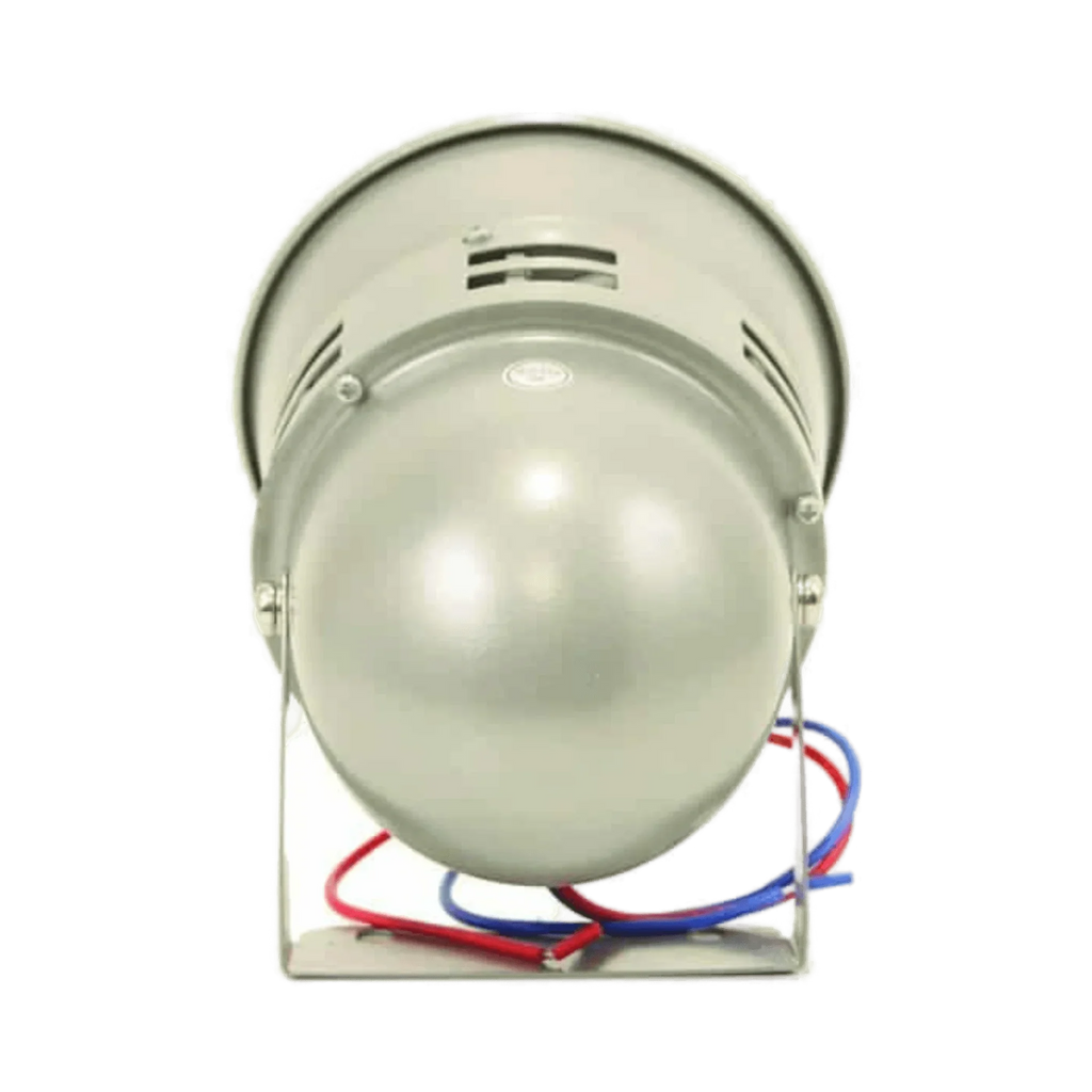 The PIERCE Standard Duty Cattle Siren is a gray industrial 12-volt battery-operated siren with red and blue wires, mounted on a metal stand and shown from the back.