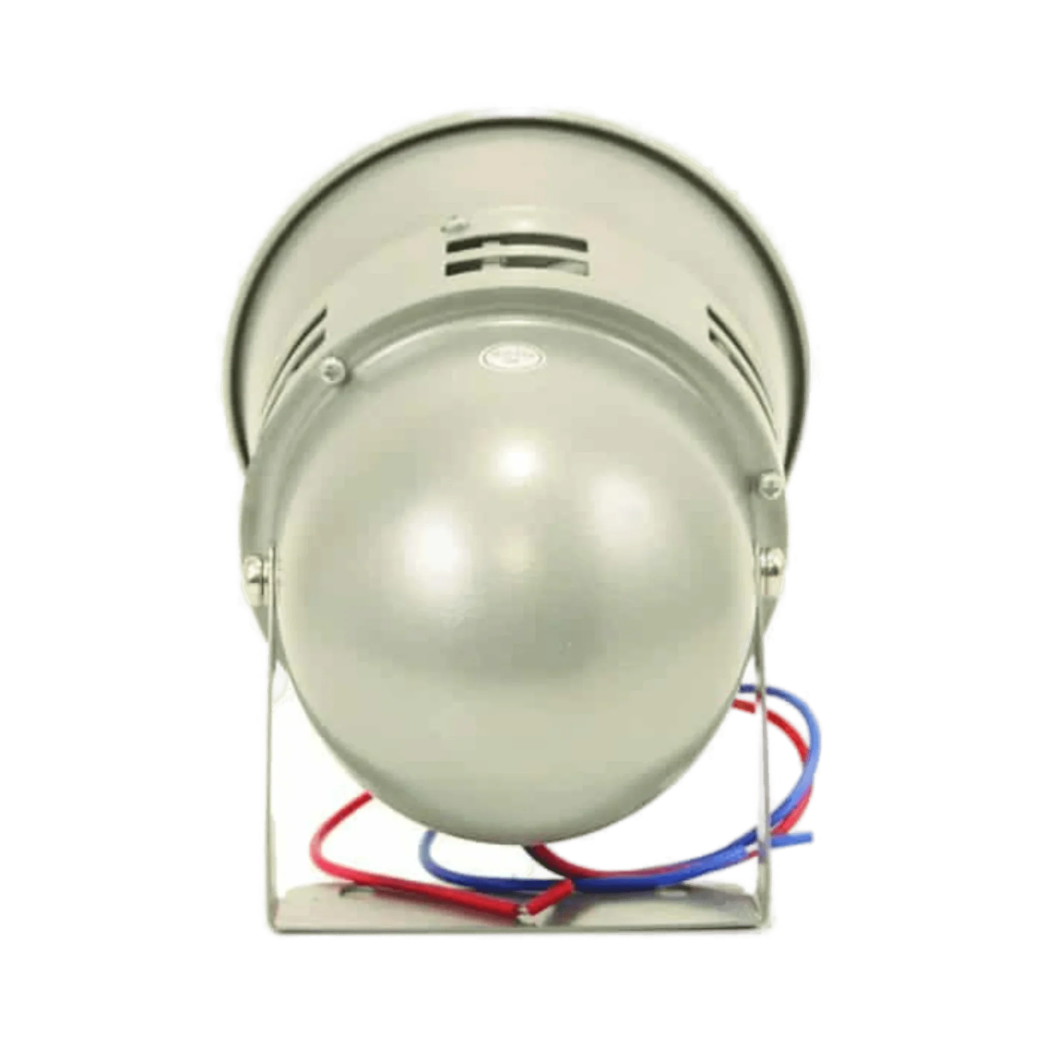 The PIERCE Standard Duty Cattle Siren is a gray industrial 12-volt battery-operated siren with red and blue wires, mounted on a metal stand and shown from the back.