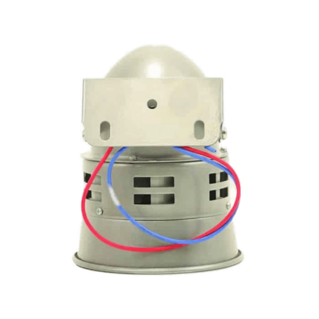 The PIERCE Standard Duty Cattle Siren is a metal, dome-shaped 12-volt battery siren with red and blue wires, shown on a plain white background.