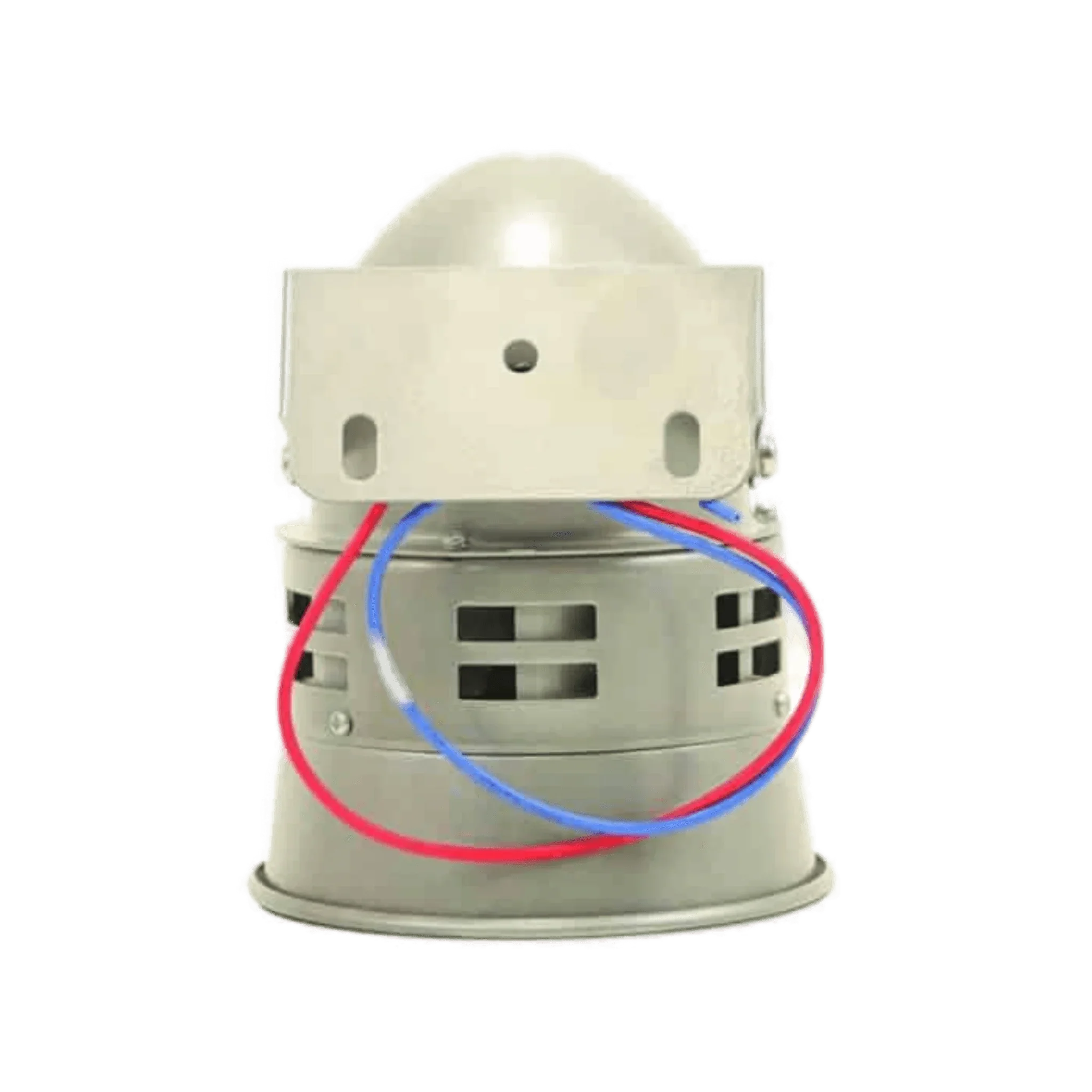 The PIERCE Standard Duty Cattle Siren is a metal, dome-shaped 12-volt battery siren with red and blue wires, shown on a plain white background.
