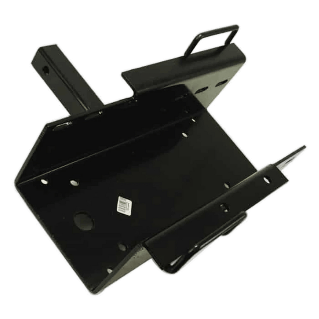 The Receiver Hitch Mount by Internal - Production Shop is a black metal adapter with mounting holes and angled brackets, perfect for use as a portable or winch mount. Displayed on a white background.