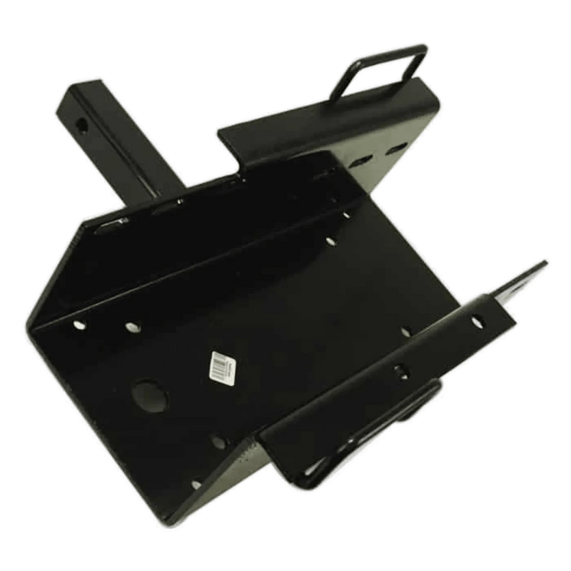 The Receiver Hitch Mount by Internal - Production Shop is a black metal adapter with mounting holes and angled brackets, perfect for use as a portable or winch mount. Displayed on a white background.