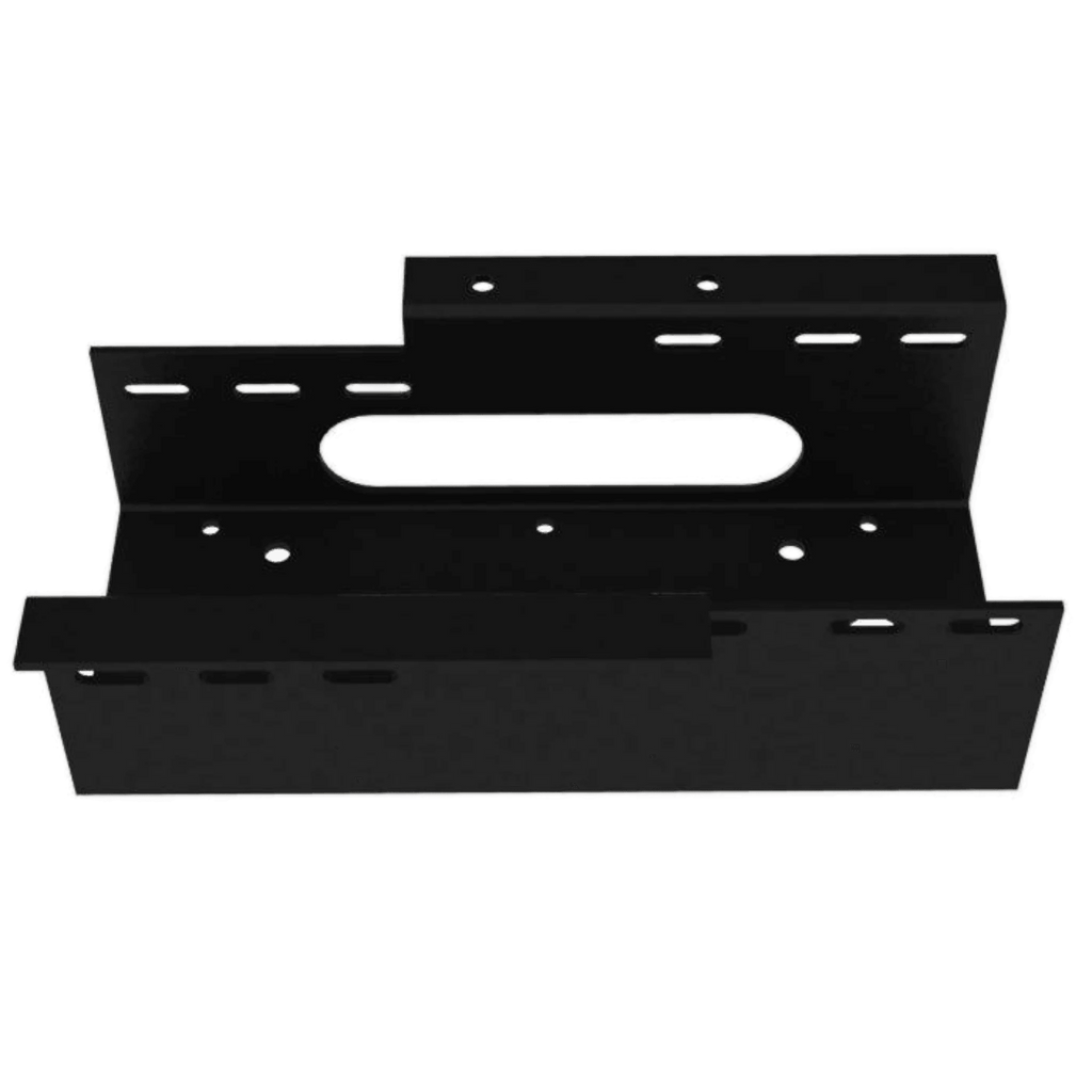 The Standard Winch Mount 654 Series by Internal - Production Shop is a black, heavy-duty plated steel bracket featuring multiple holes and slots, shown from above against a white background.