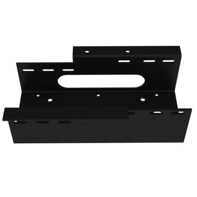 The Standard Winch Mount 654 Series by Internal - Production Shop is a black, heavy-duty plated steel bracket featuring multiple holes and slots, shown from above against a white background.