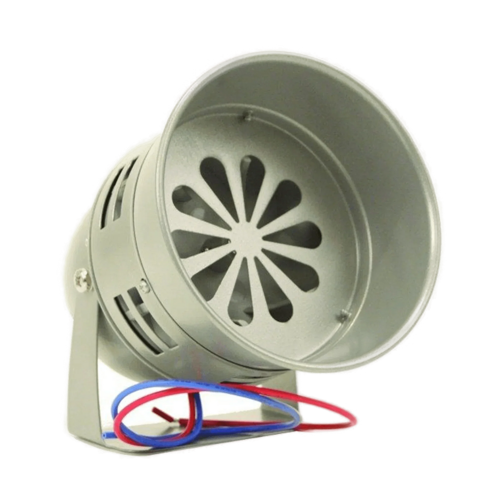 The PIERCE Standard Duty Cattle Siren features a silver 12-volt battery design with a metal bracket and red and blue wires, ideal for use as a pasture alarm or cattle siren.