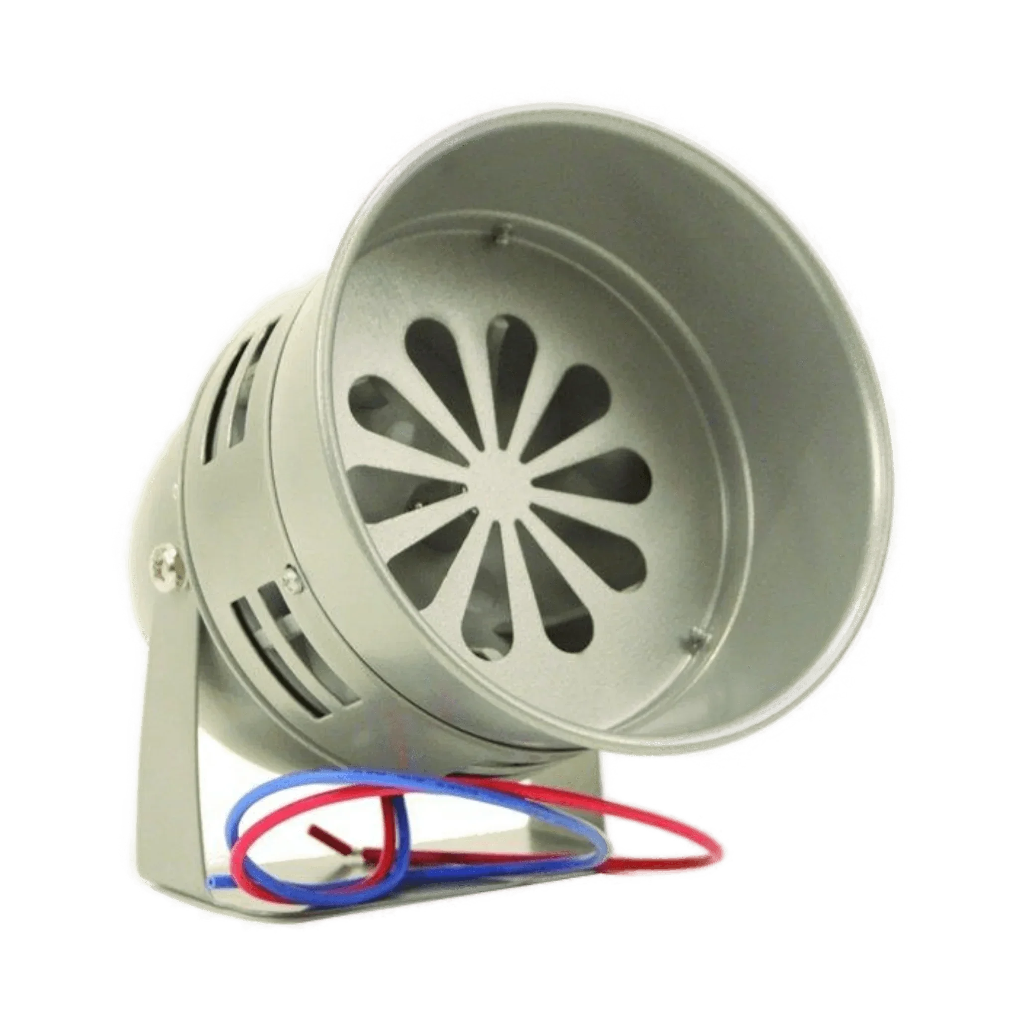 The PIERCE Standard Duty Cattle Siren features a silver 12-volt battery design with a metal bracket and red and blue wires, ideal for use as a pasture alarm or cattle siren.