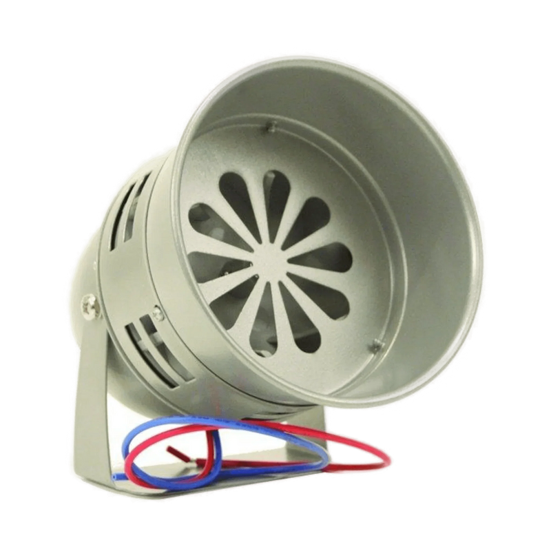 The PIERCE Standard Duty Cattle Siren features a silver 12-volt battery design with a metal bracket and red and blue wires, ideal for use as a pasture alarm or cattle siren.
