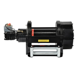 The PIERCE 50,000 lb Hydraulic Recovery Winch features a long metal drum, air clutch, hydraulic motor, and silver rollers—ideal for industrial recovery. Shown in black on a white background.