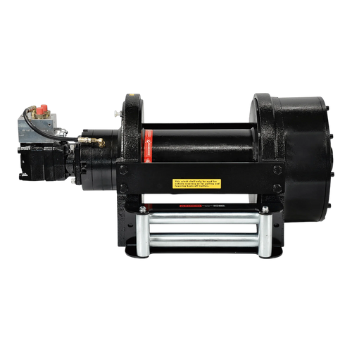 The PIERCE 50,000 lb Hydraulic Recovery Winch features a long metal drum, air clutch, hydraulic motor, and silver rollers—ideal for industrial recovery. Shown in black on a white background.