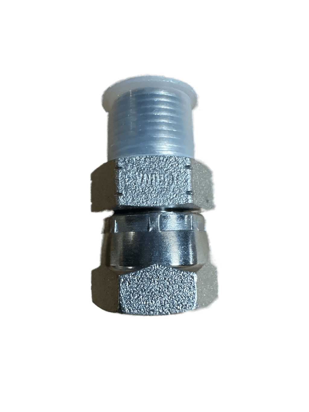 The PIERCE Hydraulics Restrictor Fitting features a 3/8 in male-to-female pipe thread, swivel design, and 1/16" hole with a threaded plastic cap for hydraulic flow control; shown on a white background.
