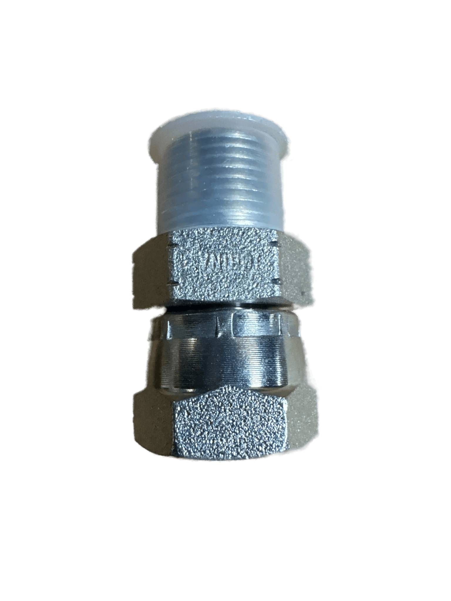 PIERCE Hydraulics Restrictor Fitting with 3/8 in male pipe thread x 3/8 in female swivel, 1/16 hole, hex central section; designed to control hydraulic flow, shown on a plain background.