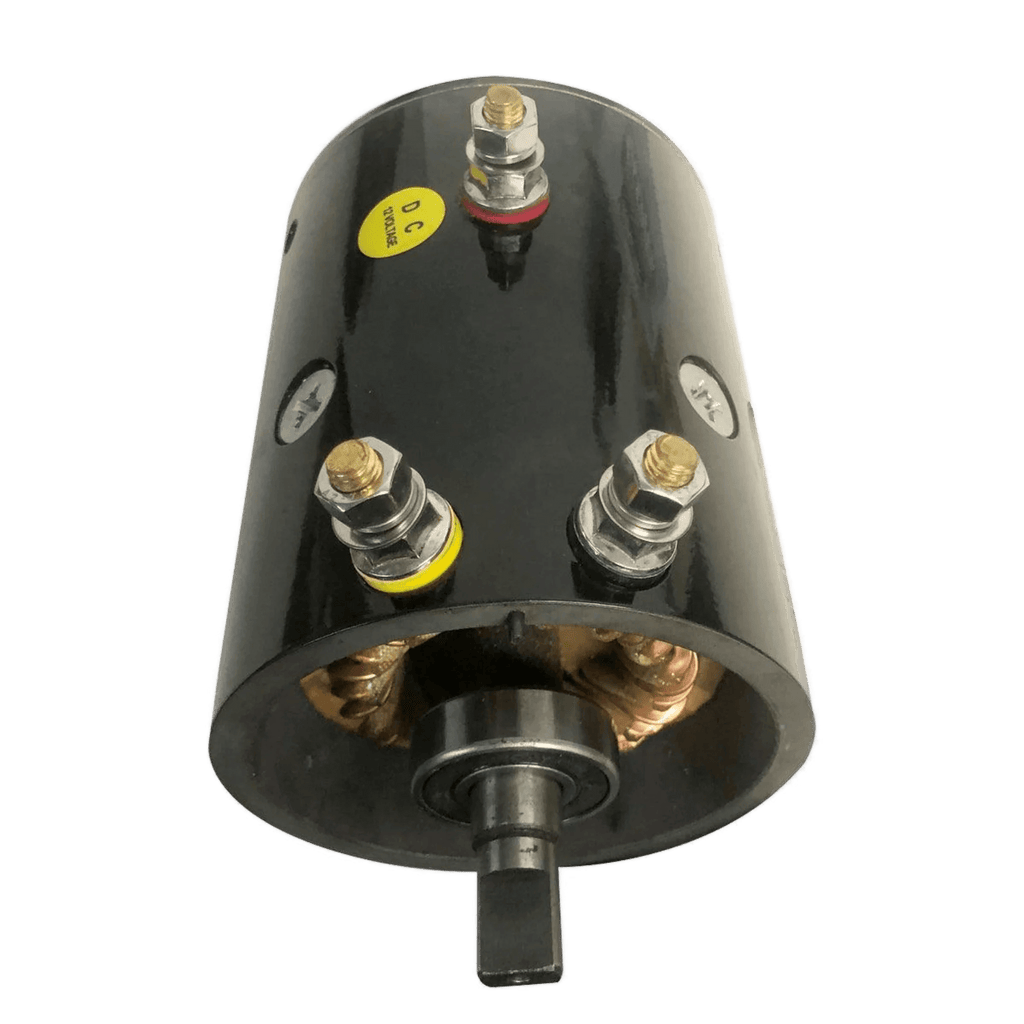 The Asetek Enterprise Company LTD 6,000 lb Electric Planetary Winch Motor (Style 1) features a black cylindrical design with exposed terminals and a forward-facing slotted shaft, making it ideal as a winch replacement motor.