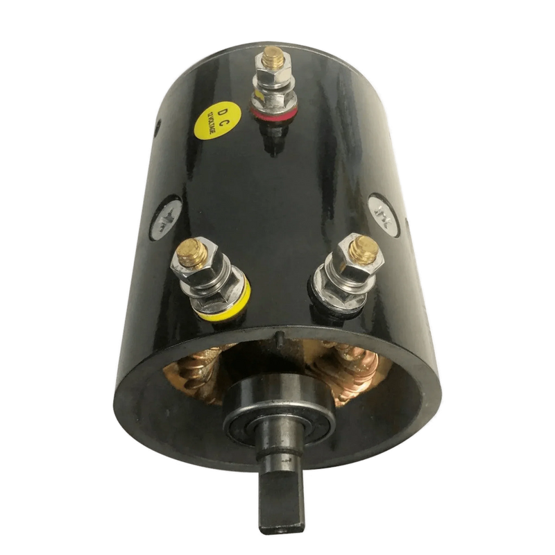 The Asetek Enterprise Company LTD 6,000 lb Electric Planetary Winch Motor (Style 1) features a black cylindrical design with exposed terminals and a forward-facing slotted shaft, making it ideal as a winch replacement motor.