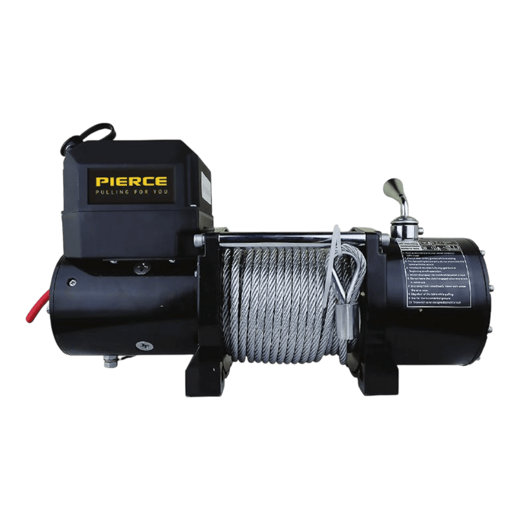 The PIERCE 6,000 lb Recovery Winch features a steel cable, metal hook, and handle—ideal for light-duty car trailer use. Shown against a white background.