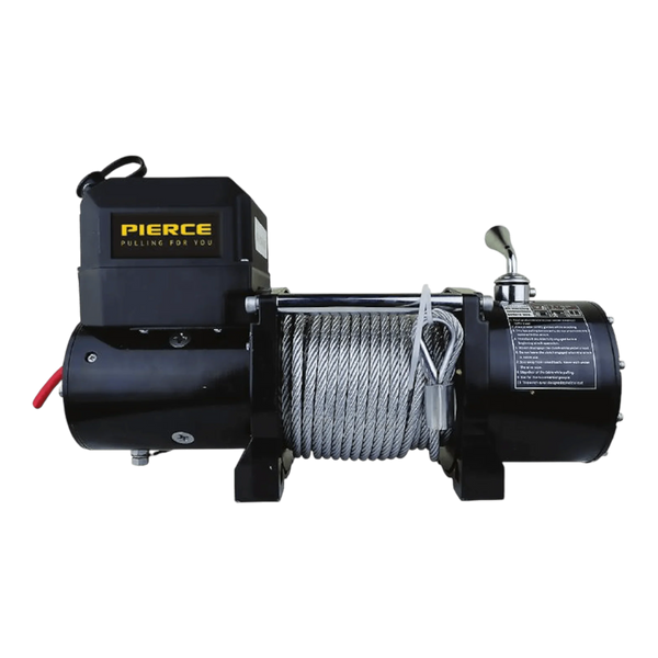 The PIERCE 6,000 lb Recovery Winch features a steel cable, metal hook, and handle—ideal for light-duty car trailer use. Shown against a white background.