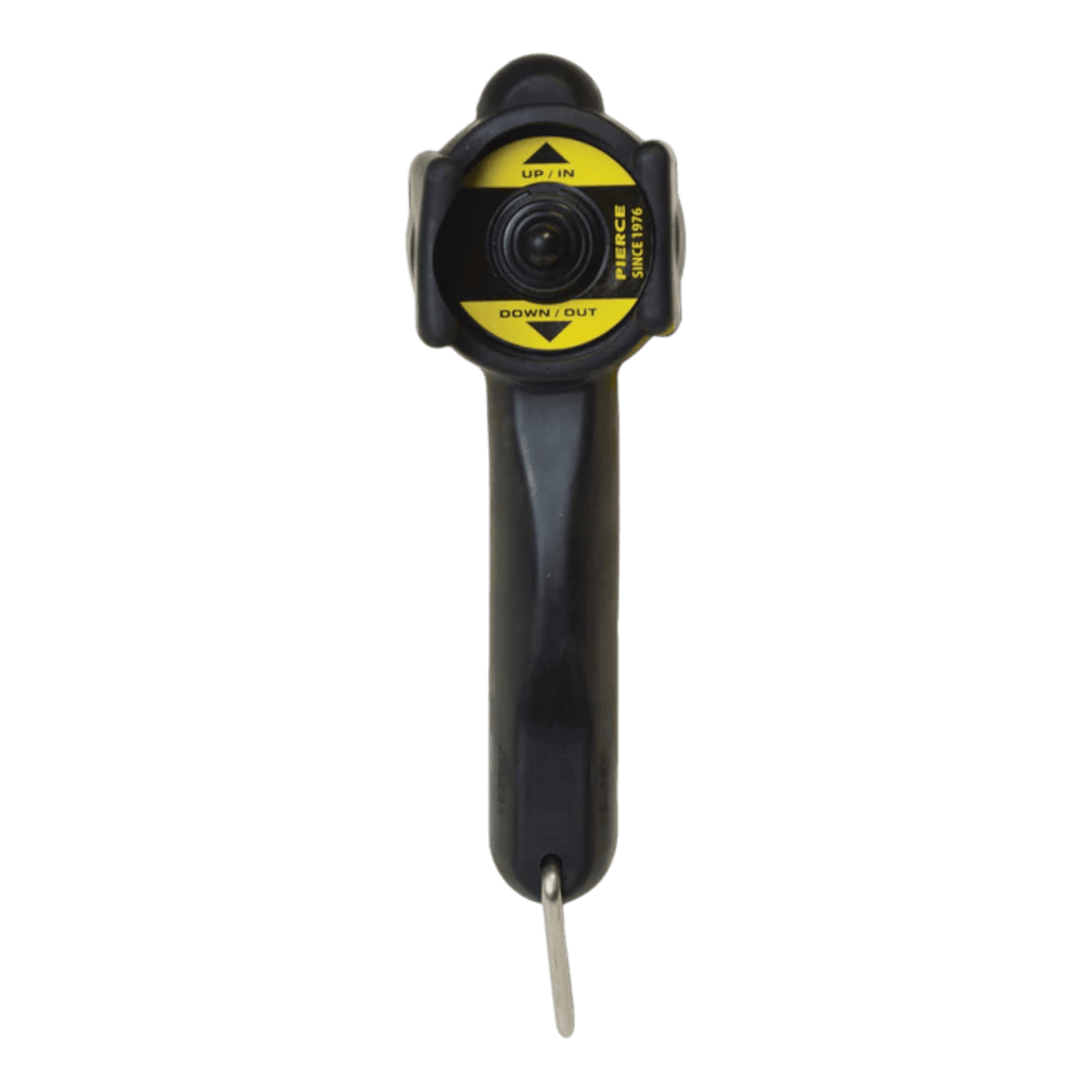 The Internal - Pierce Assembly Team 6,000 lb Recovery Winch is a black handheld 12V tool featuring a circular yellow label and a metal key at the bottom, shown from the front.