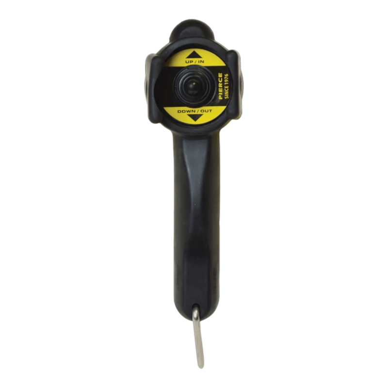 The Internal - Pierce Assembly Team 6,000 lb Recovery Winch is a black handheld 12V tool featuring a circular yellow label and a metal key at the bottom, shown from the front.