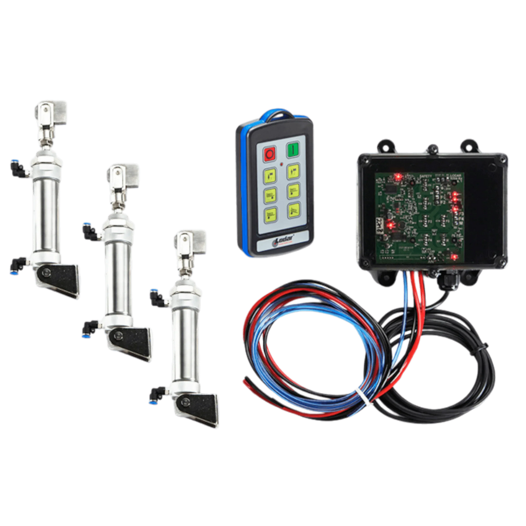 The Lodar Service 6 Function IP Wireless Actuator Control System (92 Series, FET Air Receiver) includes four linear actuators, a handheld remote, and a wired control unit with exposed circuit board for wireless valve control.